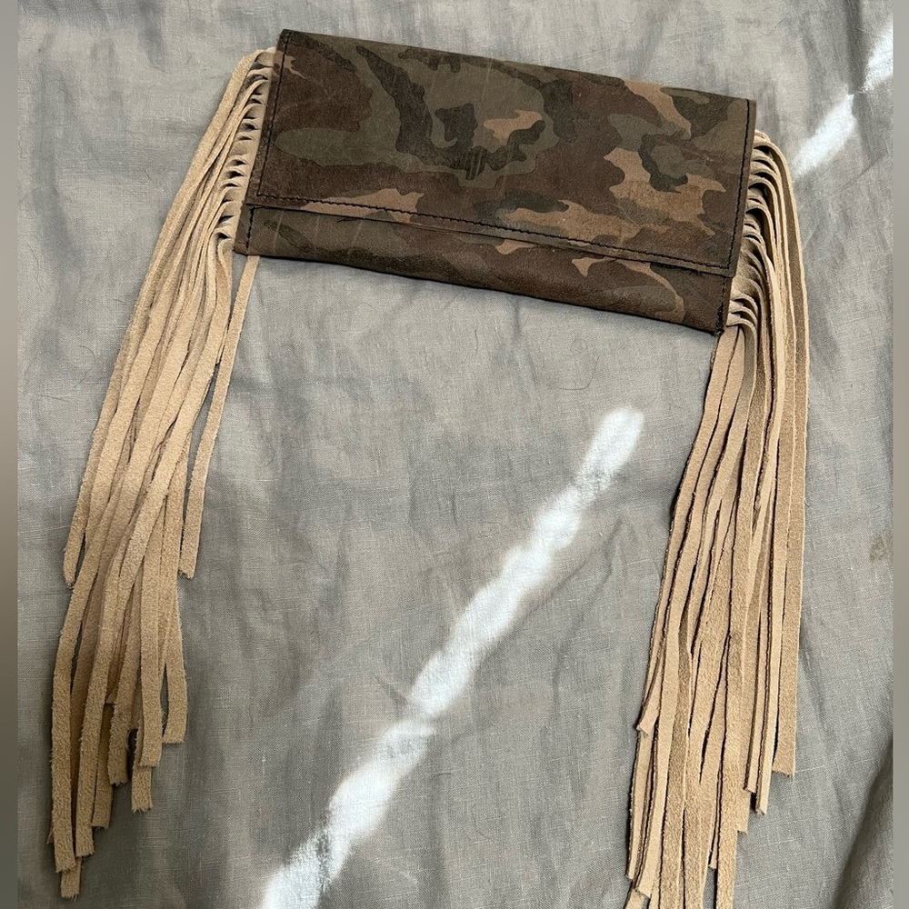Camo and Fringe Leather Clutch